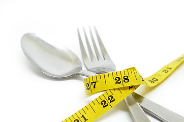 Image showing Steel spoon, fork and measuring tape