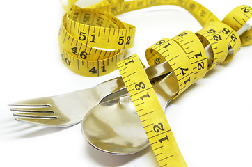 Image showing Steel spoon a fork and measuring tape