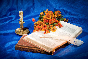 Image showing Books, Candle And Feather