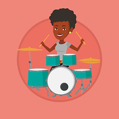 Image showing Woman playing on drum kit vector illustration.