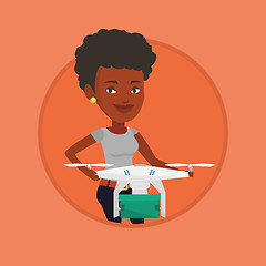 Image showing Woman controlling delivery drone with post package
