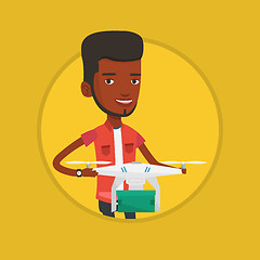 Image showing Man controlling delivery drone with post package.