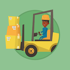 Image showing Warehouse worker moving load by forklift truck.