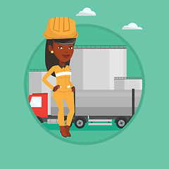 Image showing Worker on background of fuel truck and oil plant.