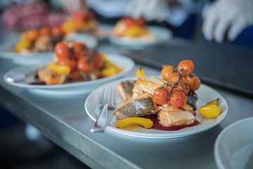 Image showing Salmon steak grilled with peppers