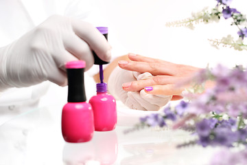 Image showing Hybrid manicure, beauty salon Styling nail color nail polish Beautician painting nails