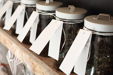 Image showing Shop with spices weight. Spices on the shelf. 