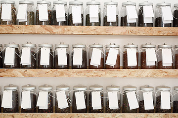 Image showing Shop with spices weight. Spices on the shelf. 