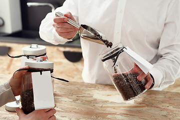 Image showing Coffee beans Coffee shop Coffee shop, jars of coffee beans