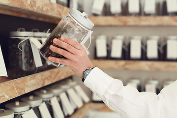 Image showing Coffee shop Coffee on the scale, coffee shop A woman buys a cup of coffee in the coffee shop