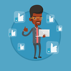 Image showing Man with thumb up and like social network buttons.