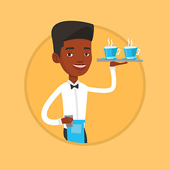 Image showing Waiter holding tray with cups of coffeee or tea.