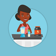 Image showing Young woman making protein cocktail.