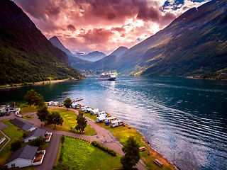 Image showing Geiranger fjord, Norway aerial photography.