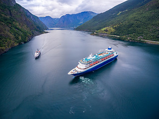 Image showing Cruise Ship, Cruise Liners On Sognefjord or Sognefjorden, Norway