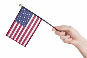 Image showing Hand holding american flag on white