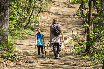 Image showing Mother and daughter walking in spring forest