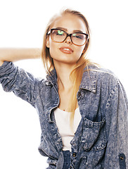 Image showing young pretty girl teenager in glasses on white isolated blond ha