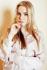 Image showing young pretty blond teenage girl close up portrait, lifestyle peo