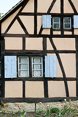 Image showing Half timbered house with blue shutter  at the ecomusee in Alsace