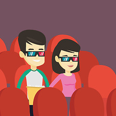 Image showing Happy friends watching 3D movie in the theatre.