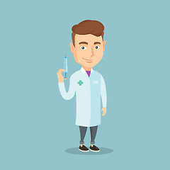 Image showing Doctor holding syringe vector illustration.