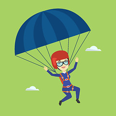 Image showing Young happy woman flying with parachute.