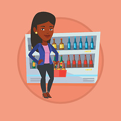 Image showing Woman with pack of beer at supermarket.