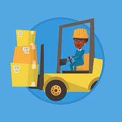 Image showing Warehouse worker moving load by forklift truck.