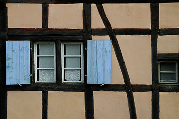 Image showing Half timbered house with blue shutter  at the ecomusee in Alsace