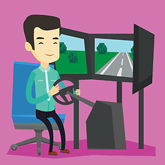 Image showing Man playing video game with gaming wheel.
