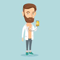 Image showing Man measuring heart rate pulse with smartphone.