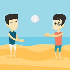 Image showing Two men playing beach volleyball.
