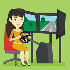 Image showing Woman playing video game with gaming wheel.