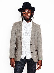 Image showing young handsome afro american boy in stylish hipster hat gesturin