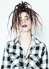 Image showing real caucasian woman with dreadlocks hairstyle funny cheerful fa