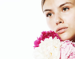 Image showing young beauty woman with flower peony pink closeup makeup soft te