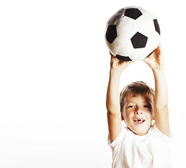 Image showing little cute boy playing football ball isolated on white close up