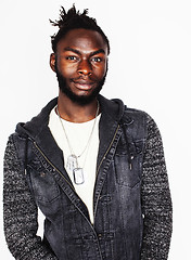 Image showing young handsome afro american boy stylish hipster gesturing emotional isolated on white background smiling, people lifestyle concept 