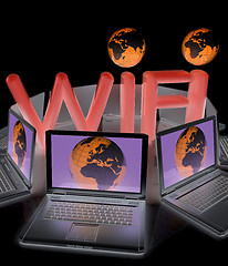 Image showing Global concept of  WiFi connectivity between laptops. 3d render