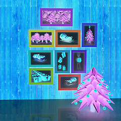 Image showing Mock up poster on the wood wall with christmas tree and decorati