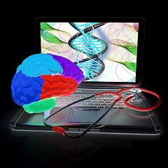 Image showing Laptop, brain and Stethoscope. 3d illustration