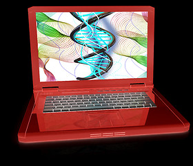 Image showing Laptop with dna medical model background on laptop screen. 3d il