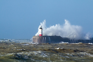 Image showing Newhaven Lighthouse with Waves in Sun 