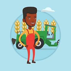 Image showing Farmer standing with combine on background.