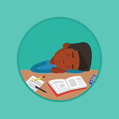 Image showing Male student sleeping at the desk with book.