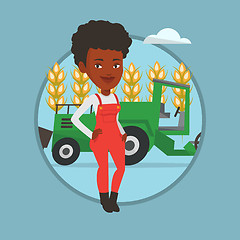 Image showing Farmer standing with combine on background.