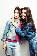 Image showing best friends teenage girls together having fun, posing emotional on white background, besties happy smiling, lifestyle people concept 