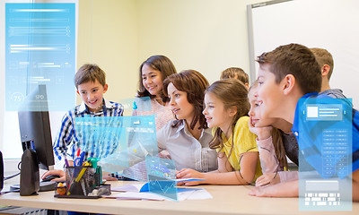 Image showing group of kids with teacher and computer at school