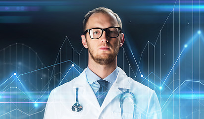 Image showing close up of doctor in white coat with stethoscope